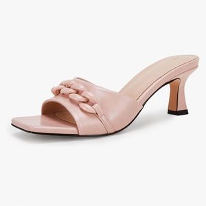 Square Open Toe Heeled Sandals Chain Low Kitten Heel Mules